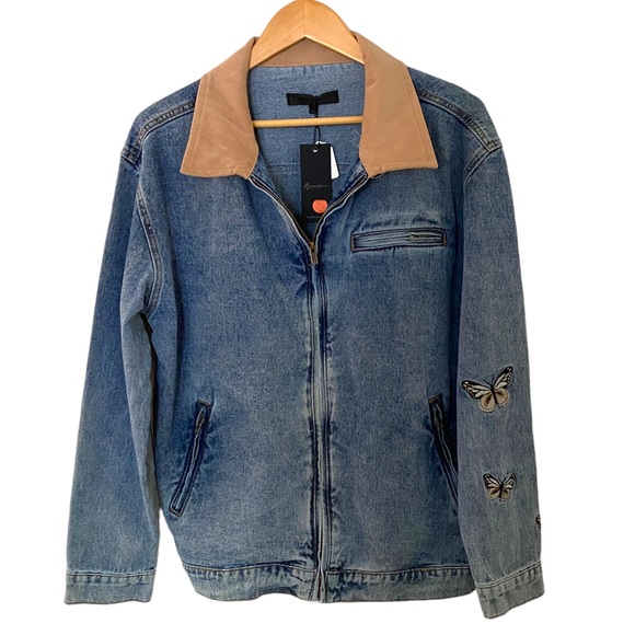 ASOS Mennace Denim Butterfly Embroidered Jacket Size Medium - Picture 6 of 11